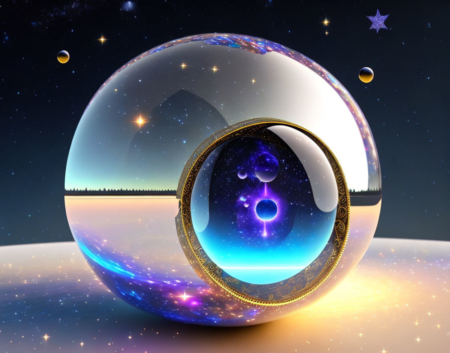 Surreal nested spheres with cosmic landscape elements and ornate golden rings.