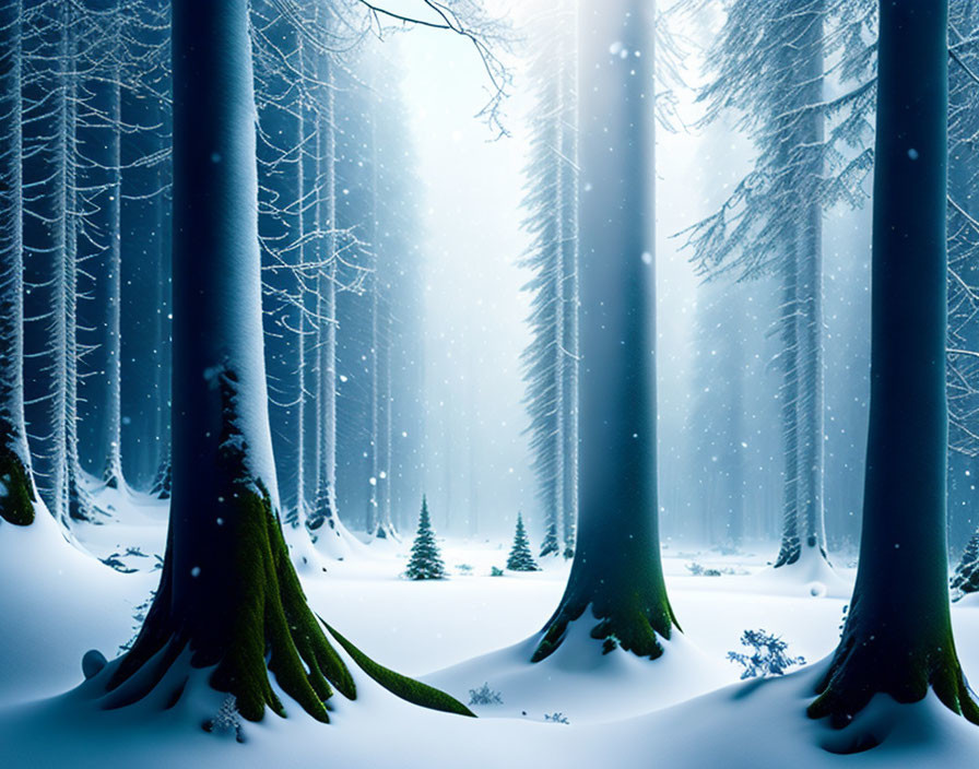 Snowy Winter Forest Scene with Tall Trees and Gentle Snowfall