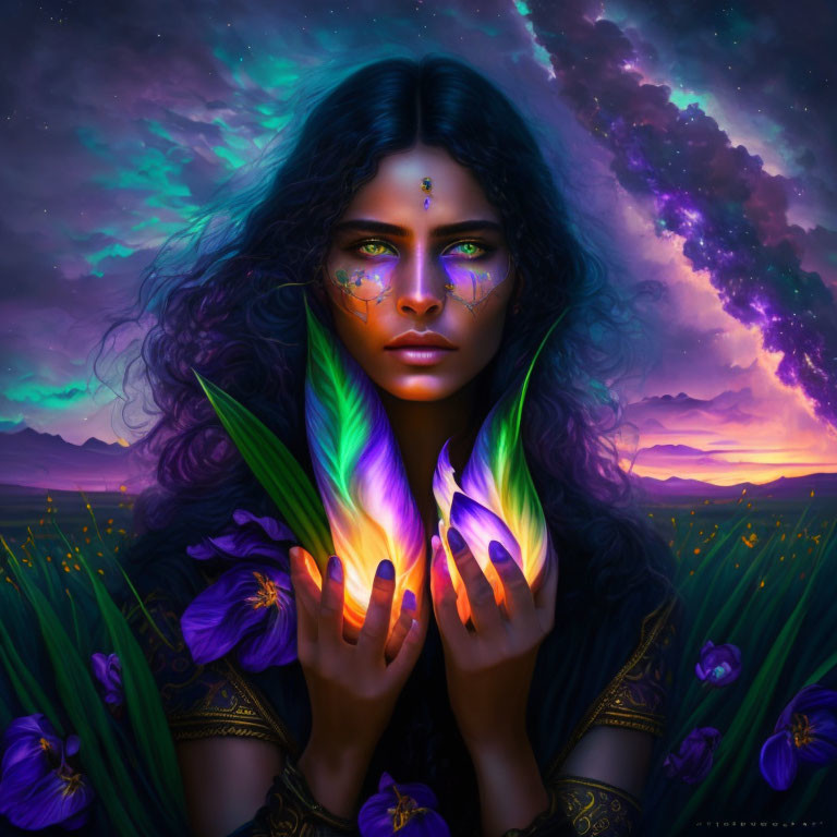 Dark-haired woman with vibrant face paint in twilight field of glowing purple flowers