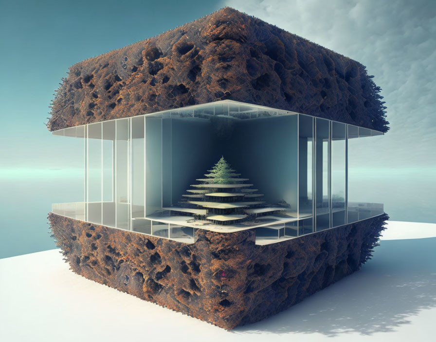 Glass-Walled Futuristic Building with Floating Earth Layer