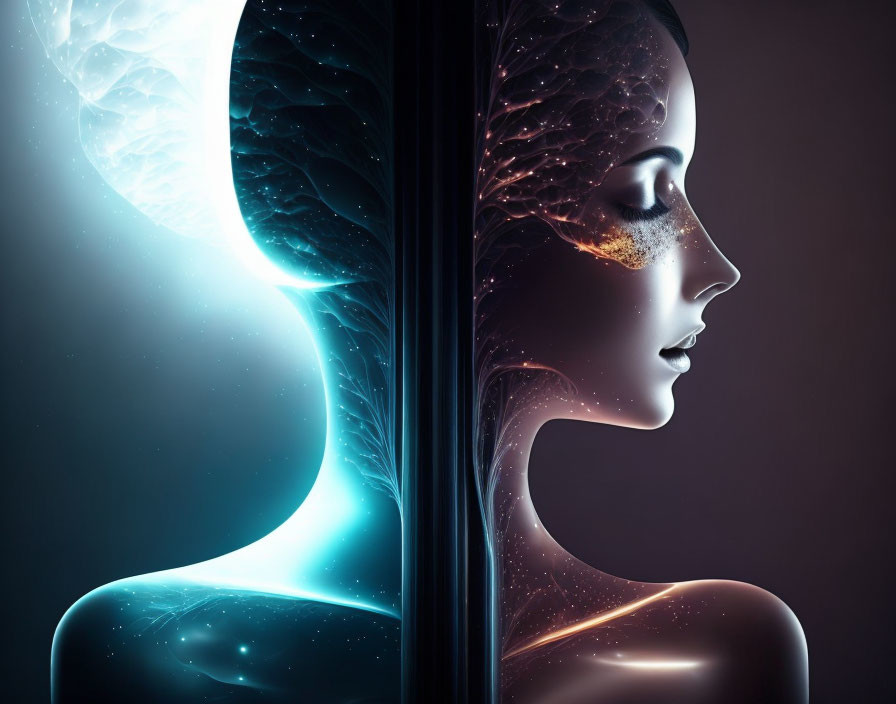 Digital artwork: Woman's profile & cosmic background next to human anatomy illustration