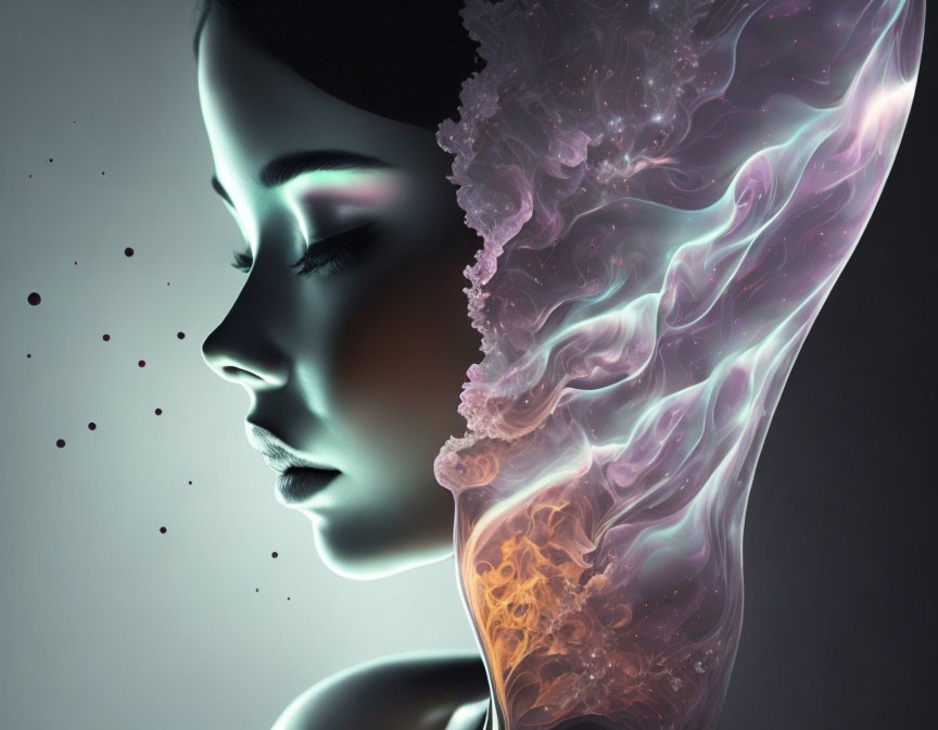 Colorful Abstract Digital Artwork of Woman's Profile with Ethereal Waves