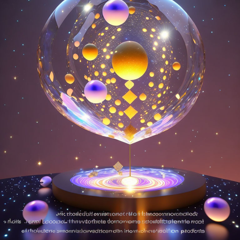 Transparent Sphere with Orange and Purple Geometric Shapes on Radiant Platform