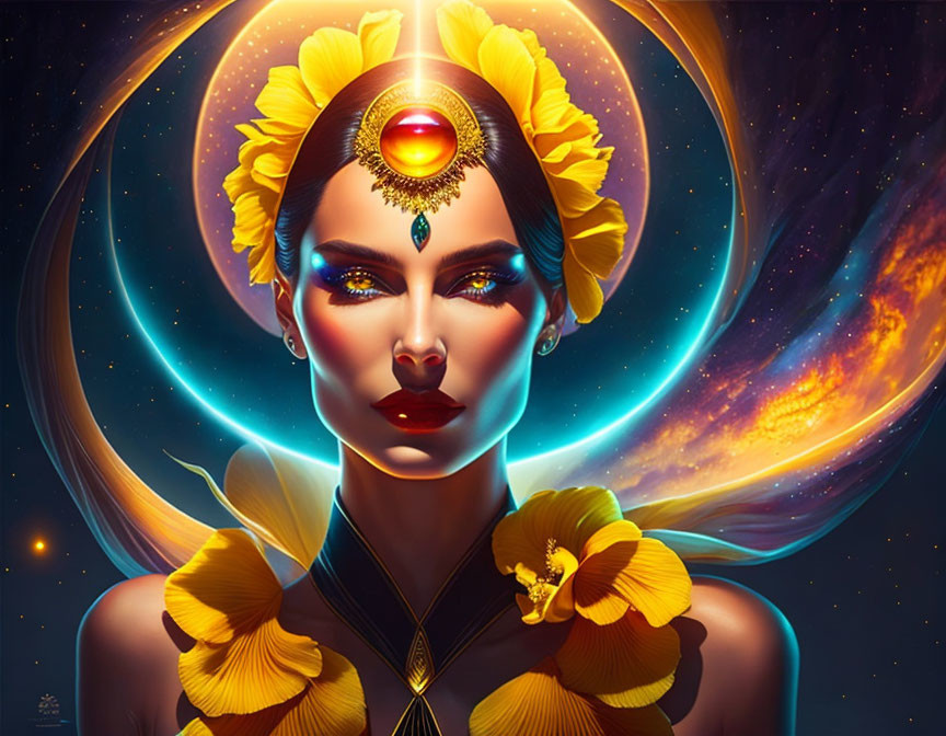 Cosmic-themed digital artwork of a woman with yellow flower hair and glowing forehead jewel