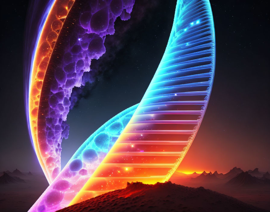 Colorful DNA helix art against twilight sky with mountains