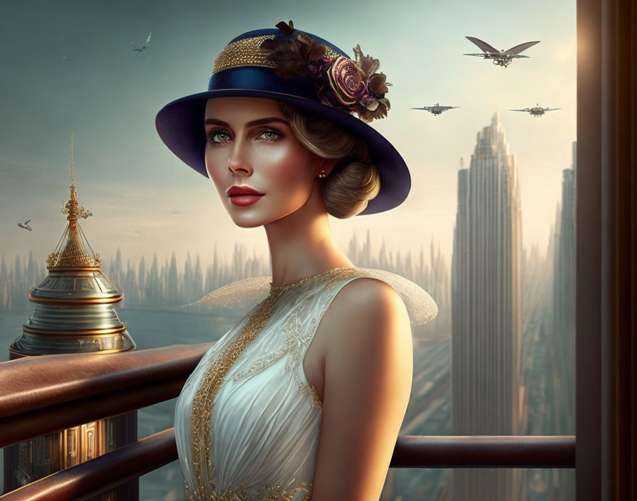 Stylized vintage portrait of woman on balcony with art-deco skyline