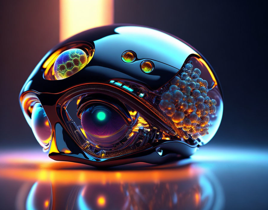 Futuristic glossy helmet with intricate biological and mechanical details on neon-lit background