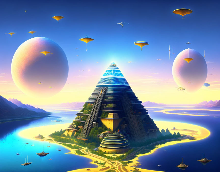 Futuristic landscape with floating orbs, ziggurat, greenery, and water