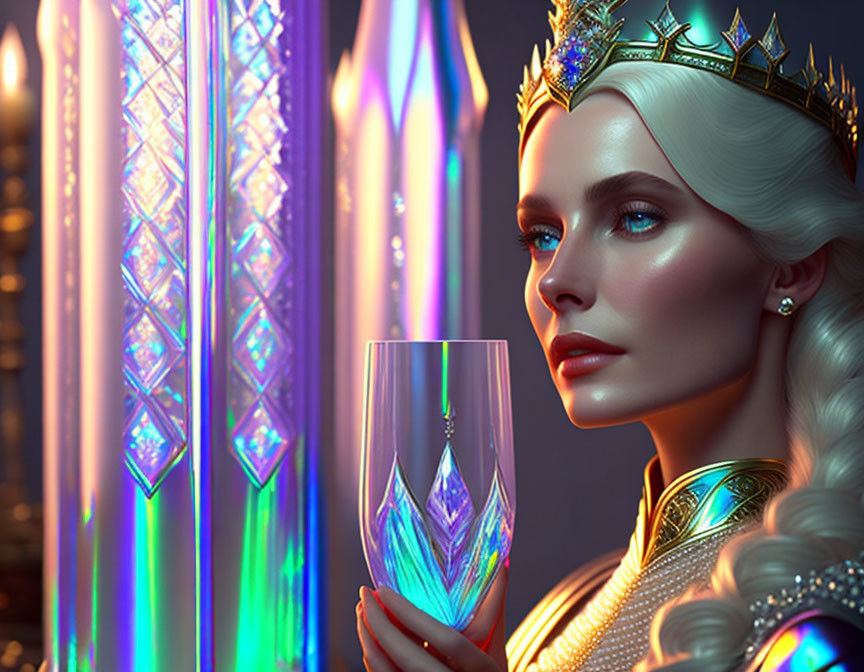 Platinum blonde figure with golden crown and crystal glass in regal setting