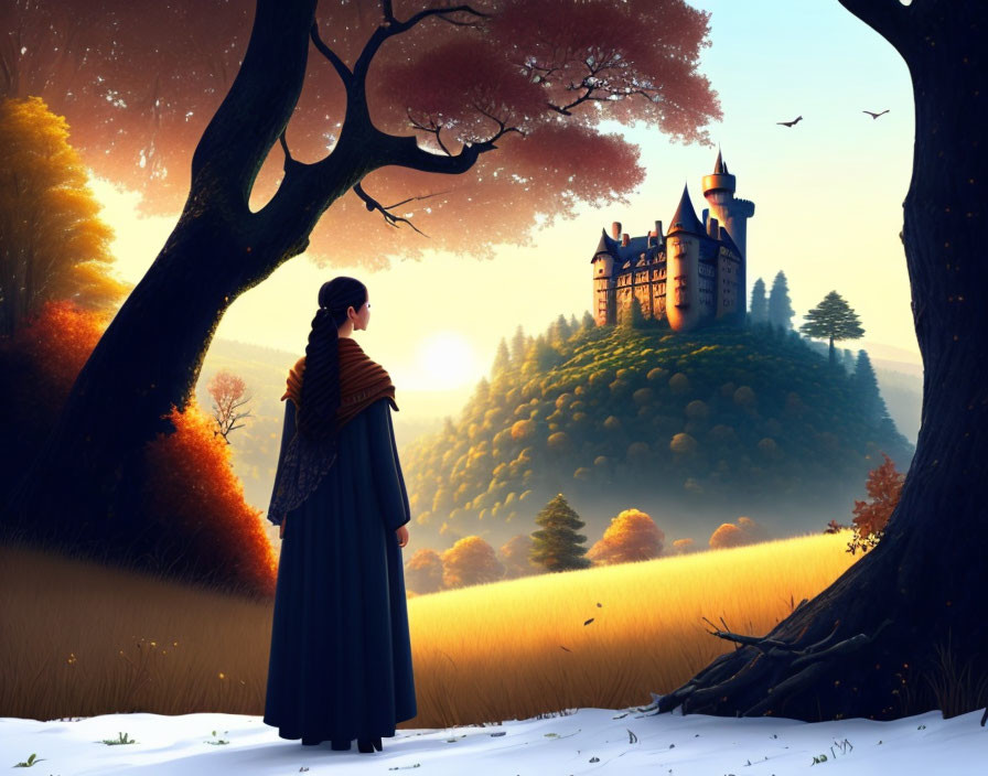 Person under large tree gazes at distant castle in autumnal sunrise landscape.