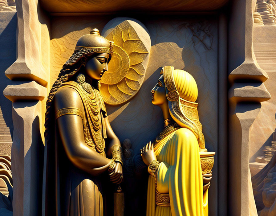 Ornate golden figures in conversation against carved background