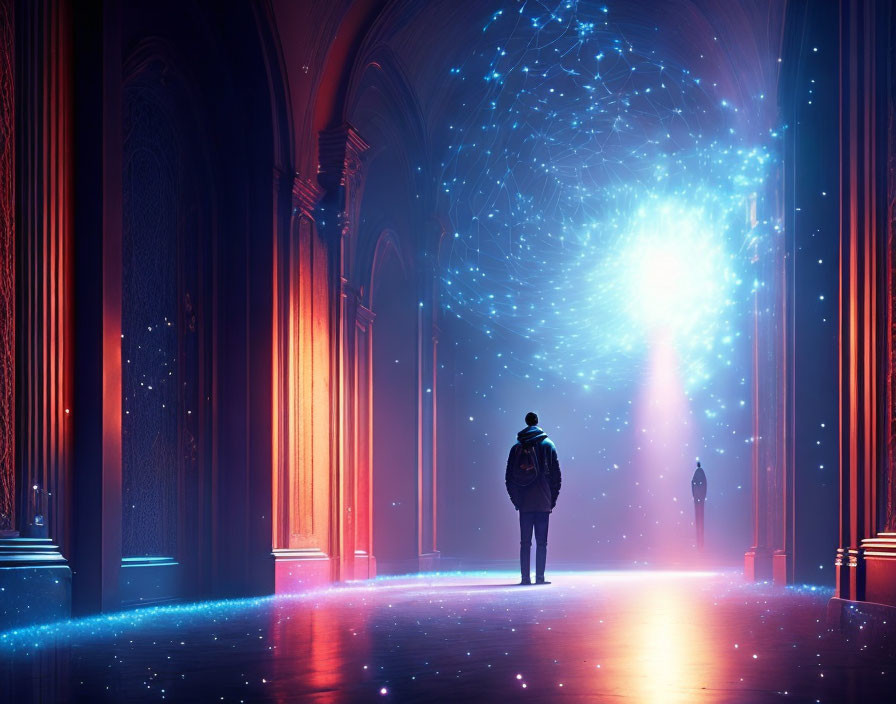 Gothic hallway with cosmic portal of stars and light