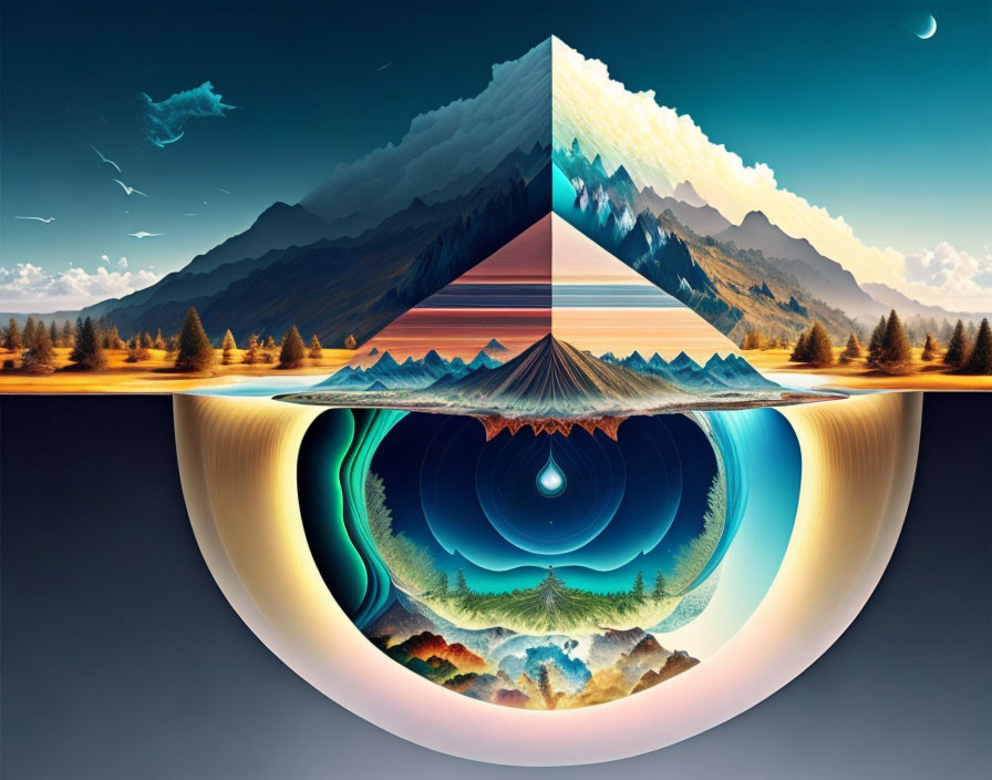 Surreal artwork: Triangular portal mirrors day-to-night mountain landscape