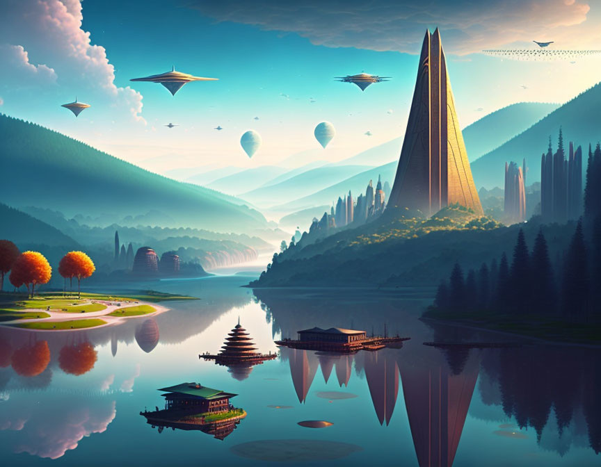 Tranquil futuristic landscape with tower, river, airships & traditional architecture