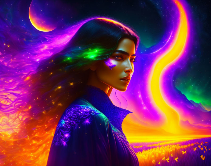 Colorful digital portrait of woman with flowing hair against cosmic backdrop