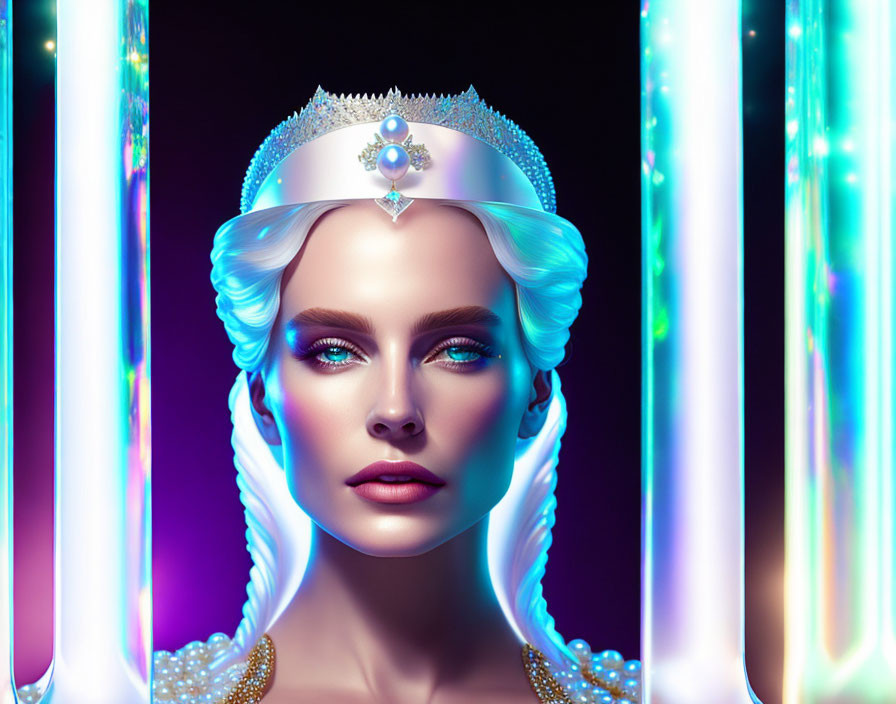 Blue-haired woman with crown in neon digital art