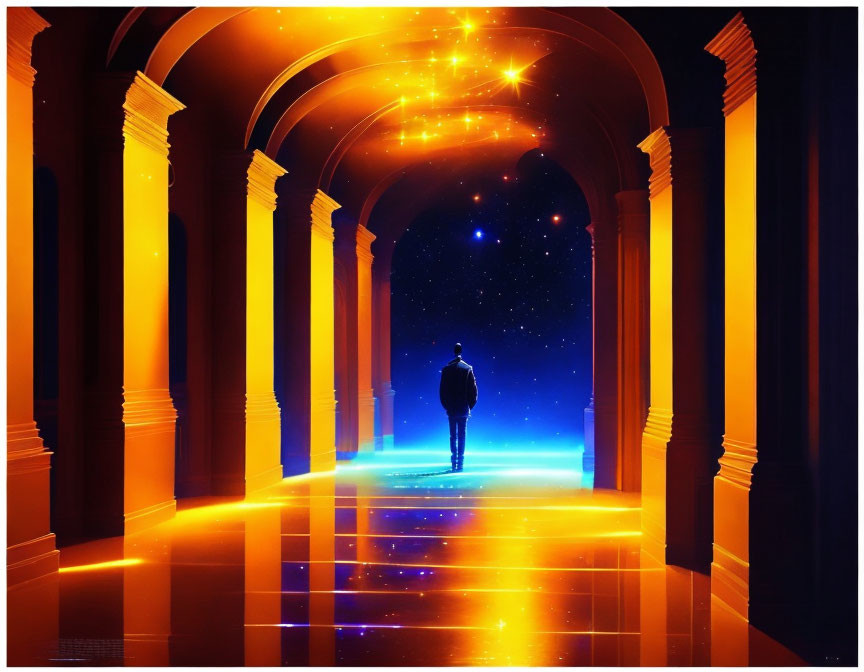 Vibrant illuminated corridor with starry cosmic view