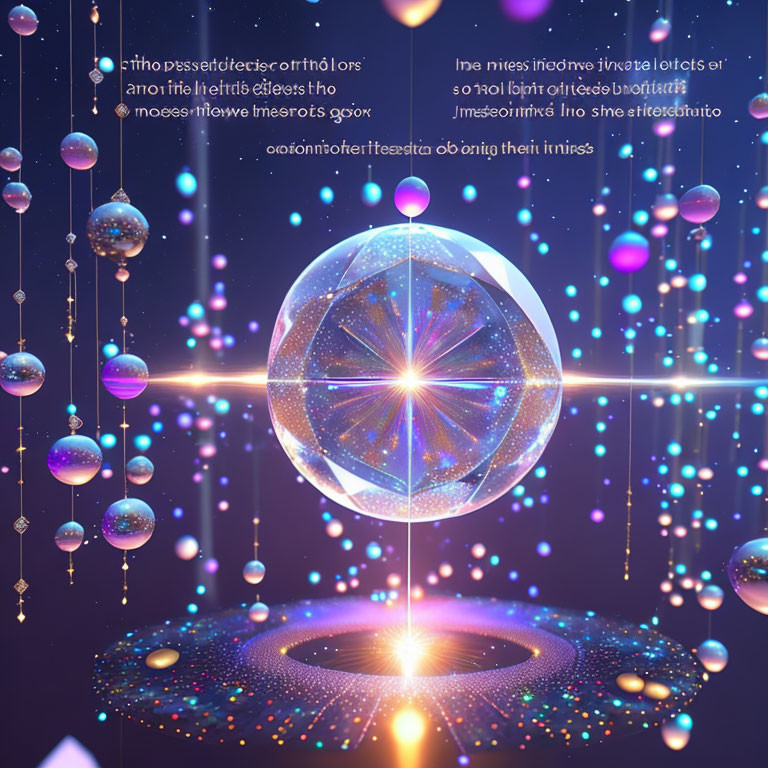 Fantastical cosmic scene with glowing orbs and geometric shapes