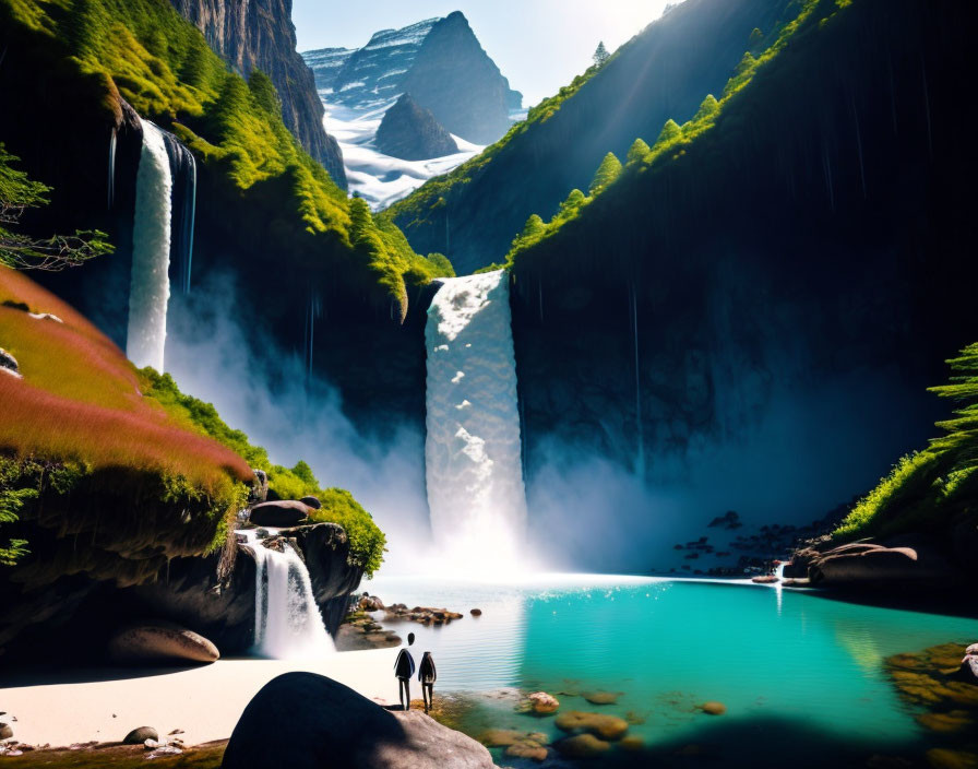 Scenic view of two people by turquoise lake and waterfalls