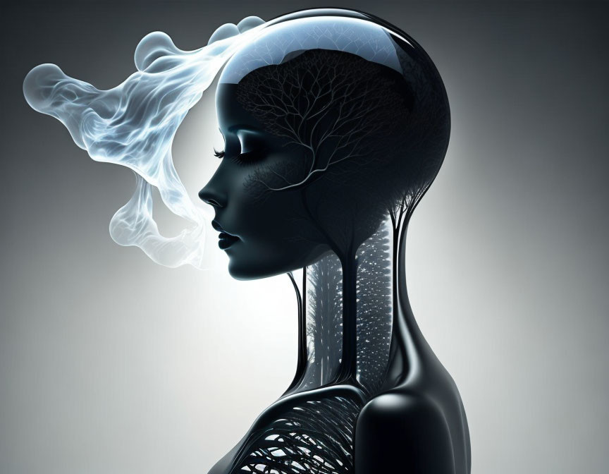 Stylized female figure with transparent head and tree-like structure in digital artwork