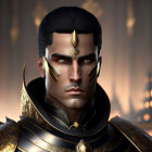 Dark-haired male character in ornate black and gold armor with golden markings in grand setting