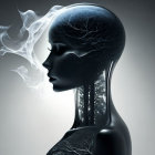 Stylized female figure with transparent head and tree-like structure in digital artwork