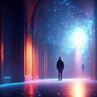 Person in ornate hallway with vibrant cosmic vortex