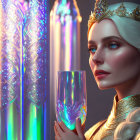 Platinum blonde figure with golden crown and crystal glass in regal setting