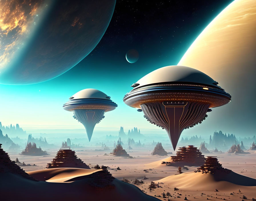 Sci-fi landscape featuring two spaceships, desert, rock formations, and alien sky