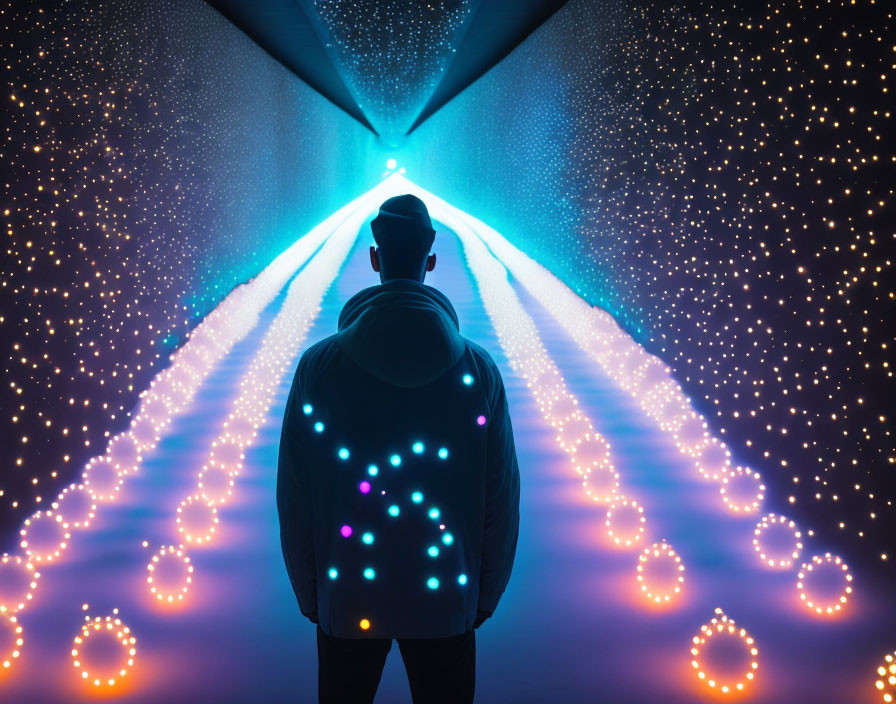 Person facing vibrant light tunnel with glowing orbs and blue triangle