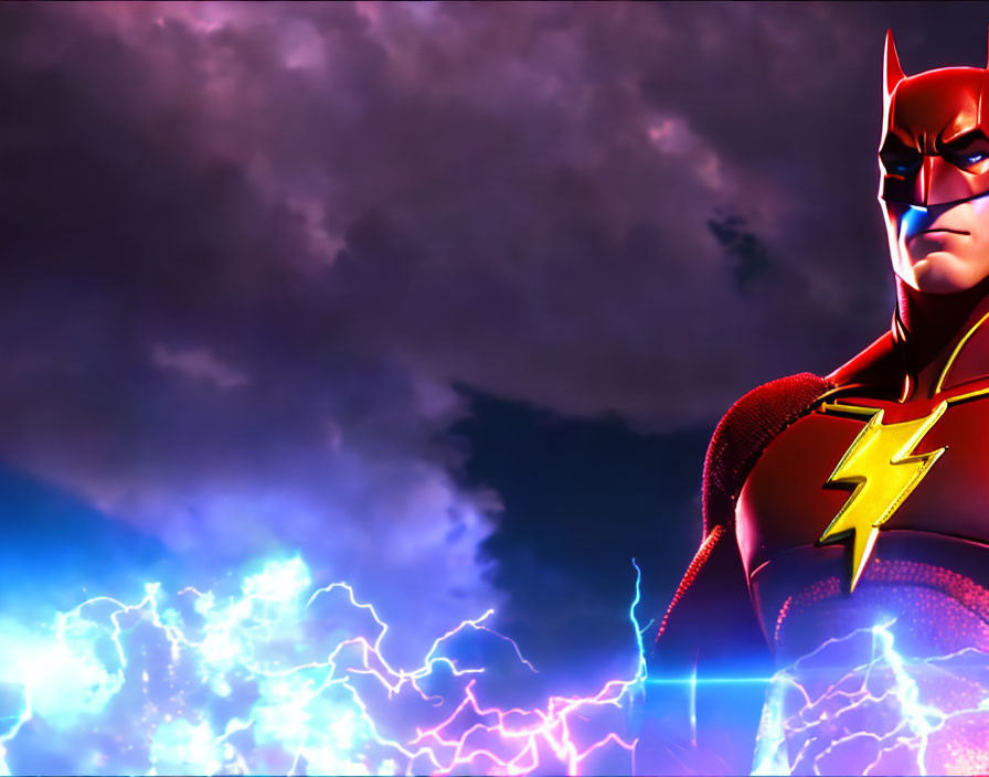 Superhero illustration: red costume, lightning bolt emblem, dramatic sky, electric energy.