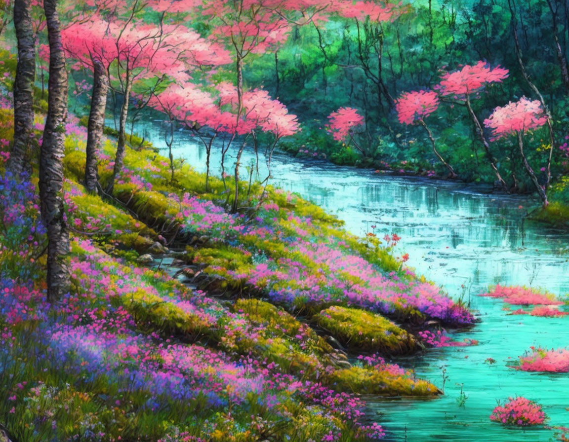 Impressionistic painting of blooming riverside with pink trees & wildflowers