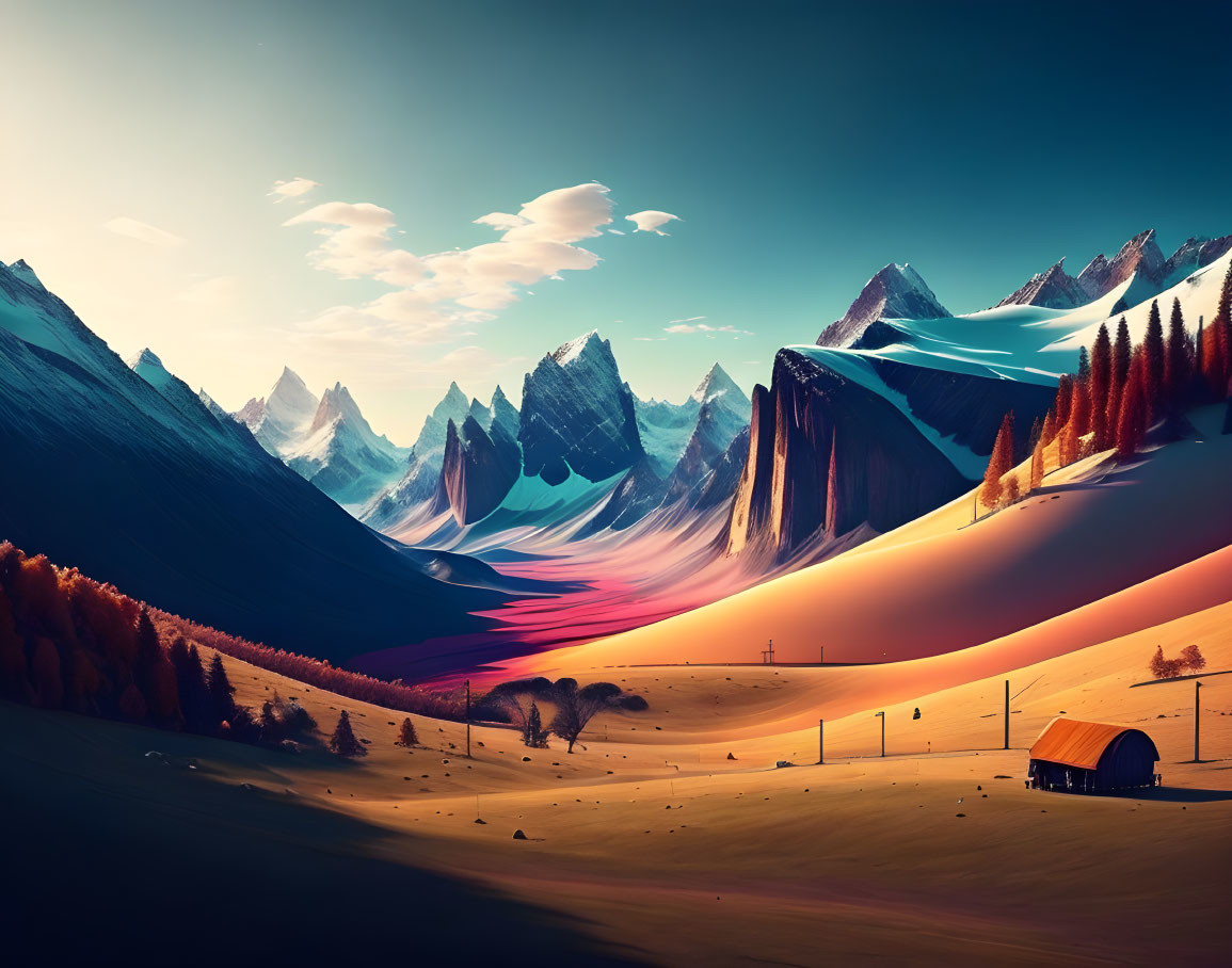 Vibrant autumn-winter landscape with sharp peaks and lone hut