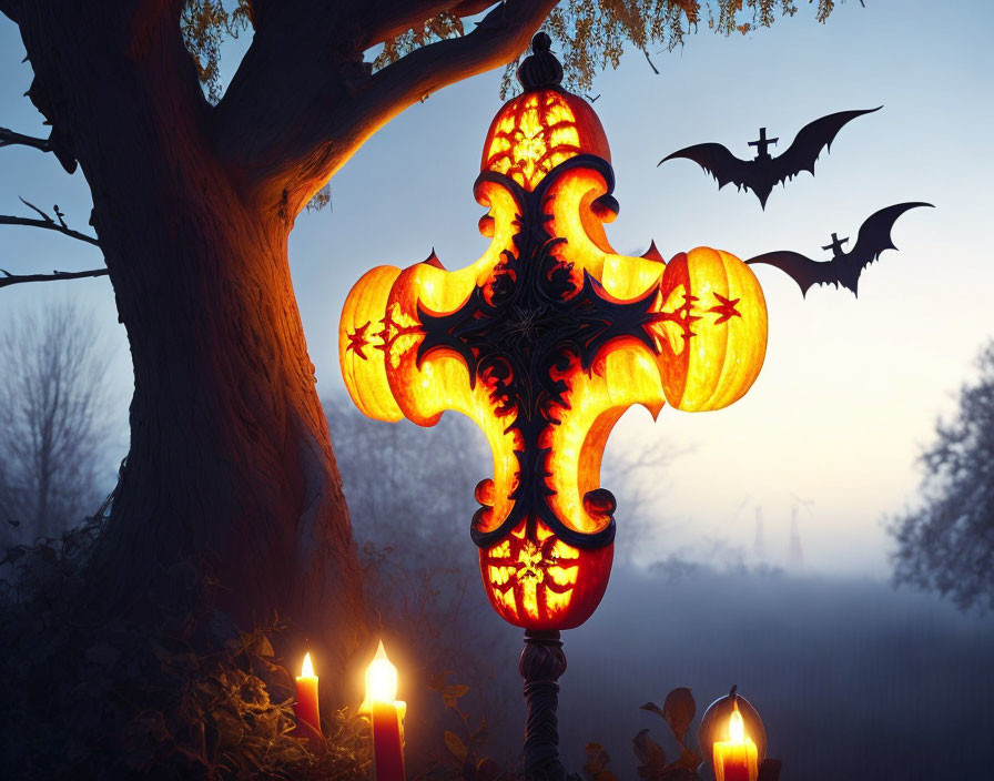 Intricately carved cross-shaped pumpkin in misty twilight landscape.