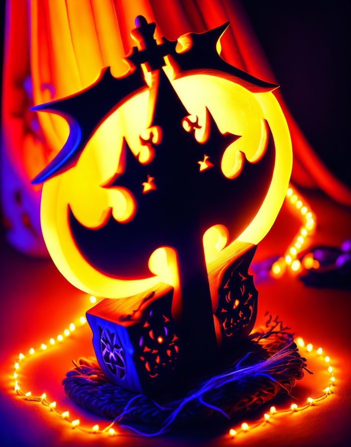 Glowing Halloween Tree Silhouette with Bats and Stars on Warm Background