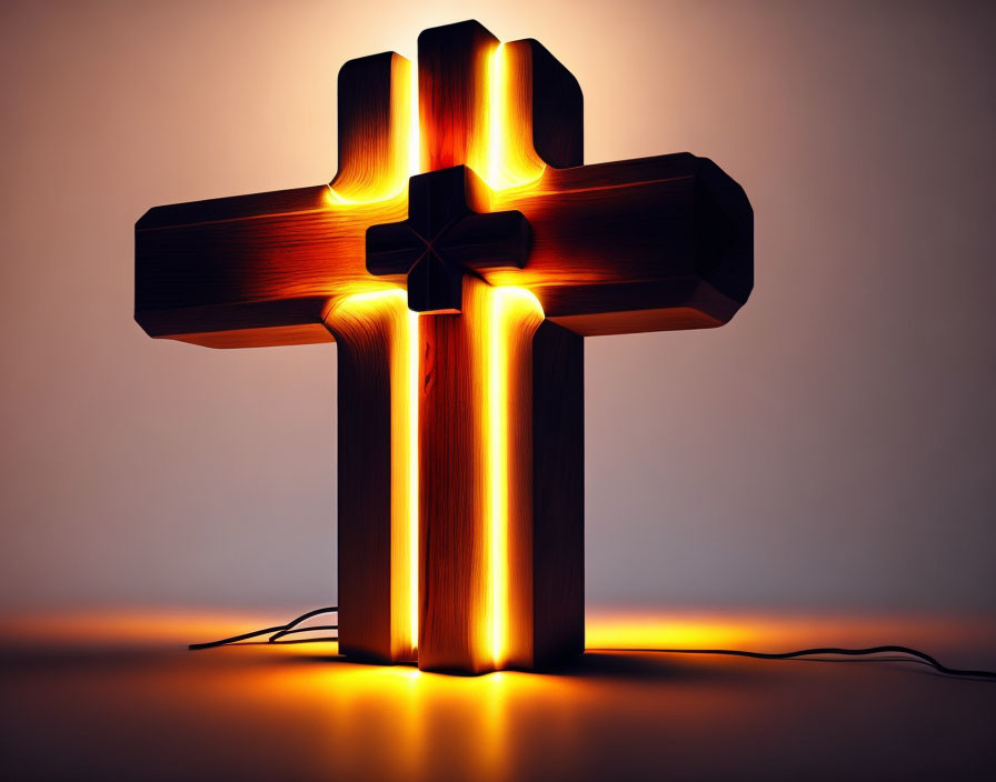 Wooden cross with glowing light on warm gradient background and power cord