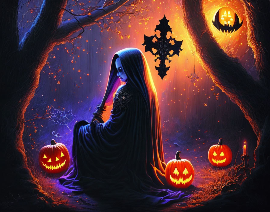 Blue-haired figure in dark forest with jack-o'-lanterns, pumpkin balloon, and candle