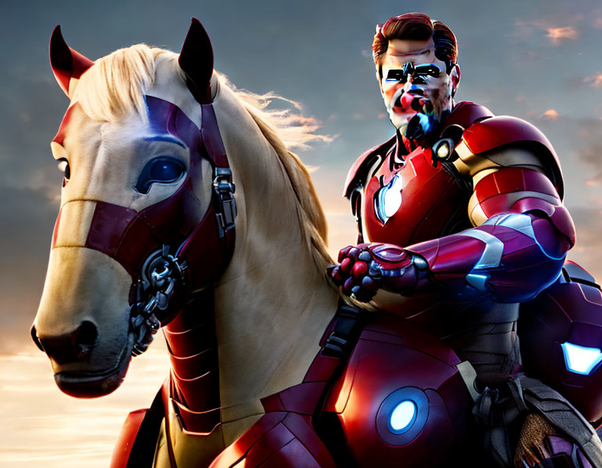 Person in Iron Man armor riding a horse under heroic sunset sky