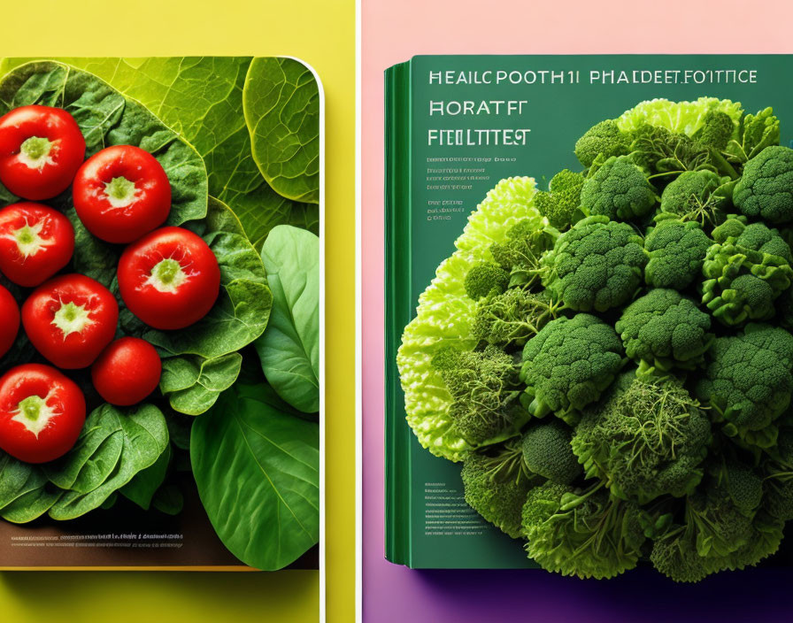 Split image of fresh tomatoes and spinach next to green vegetables like broccoli with text overlay.