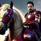 Person in Iron Man armor riding a horse under heroic sunset sky