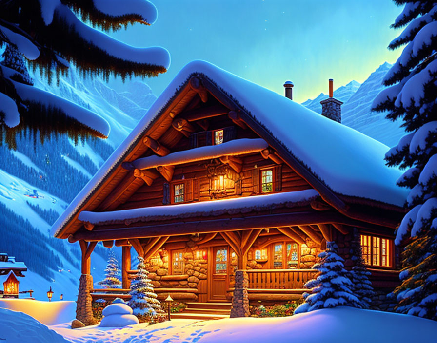 Snow-covered log cabin nestled among pine trees in dusky blue sky