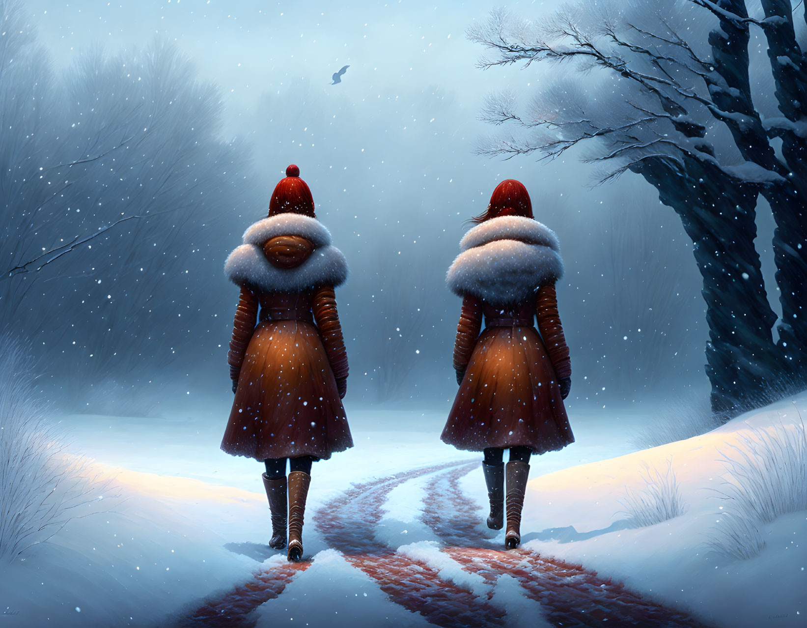 Two people in winter coats walking on snowy path with trees and bird