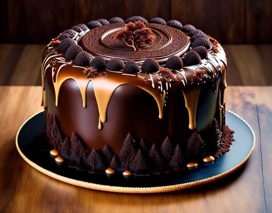 Decadent chocolate cake with glossy ganache drip and chocolate shard design