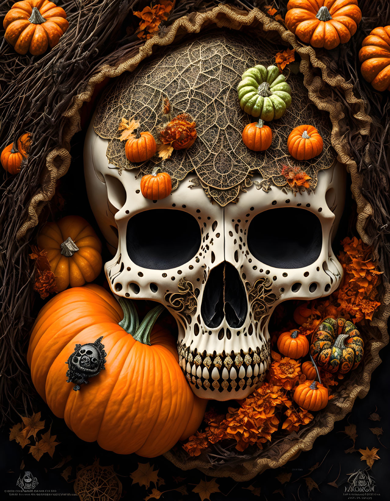 Ornate skull with pumpkins, leaves, twine, spider web motif on dark background