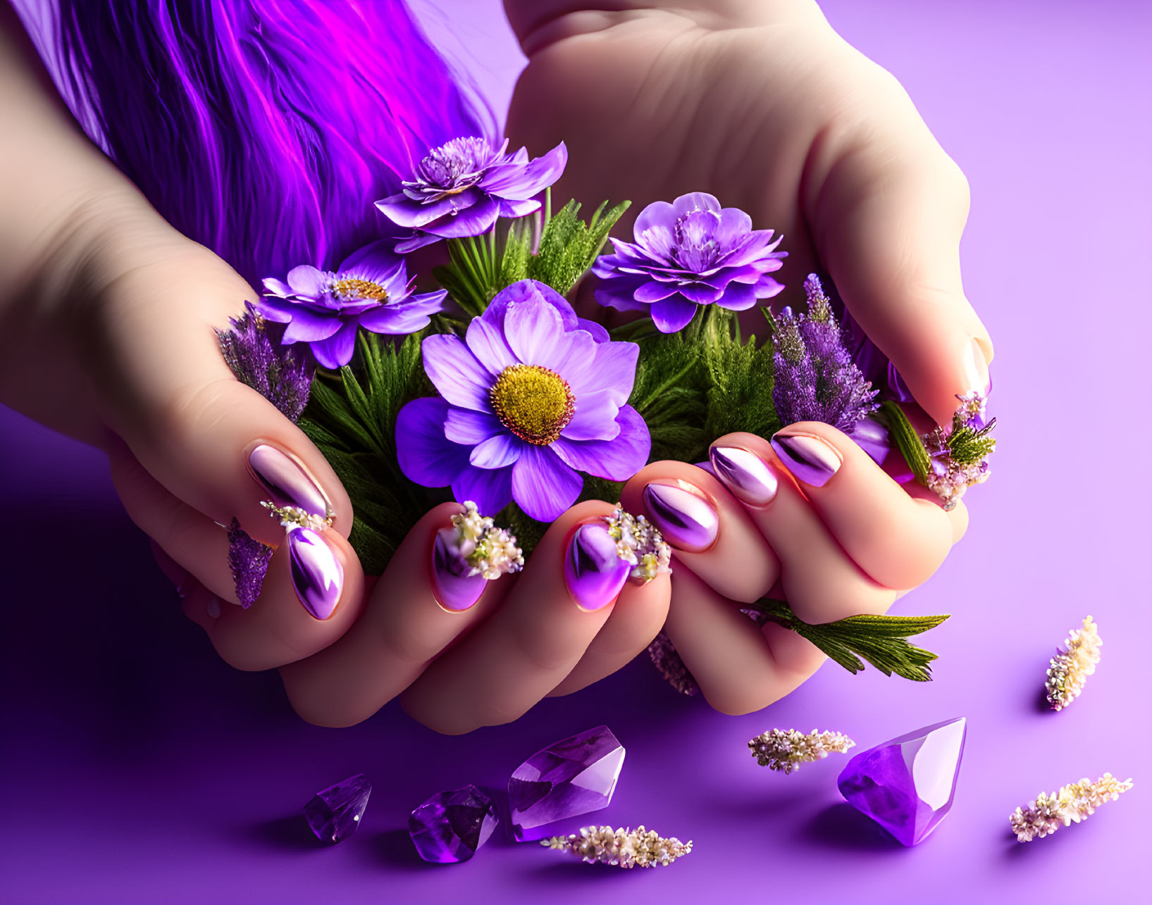 Manicured hands holding flowers with purple crystals on violet background