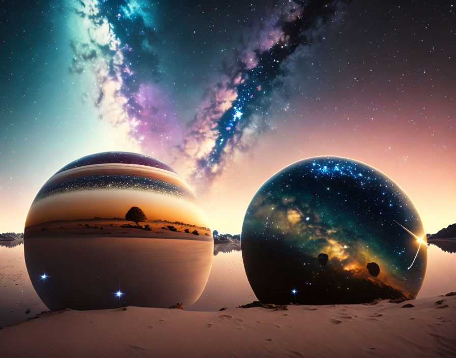 Surreal spherical landscapes with stars and galaxies on desert under colorful Milky Way