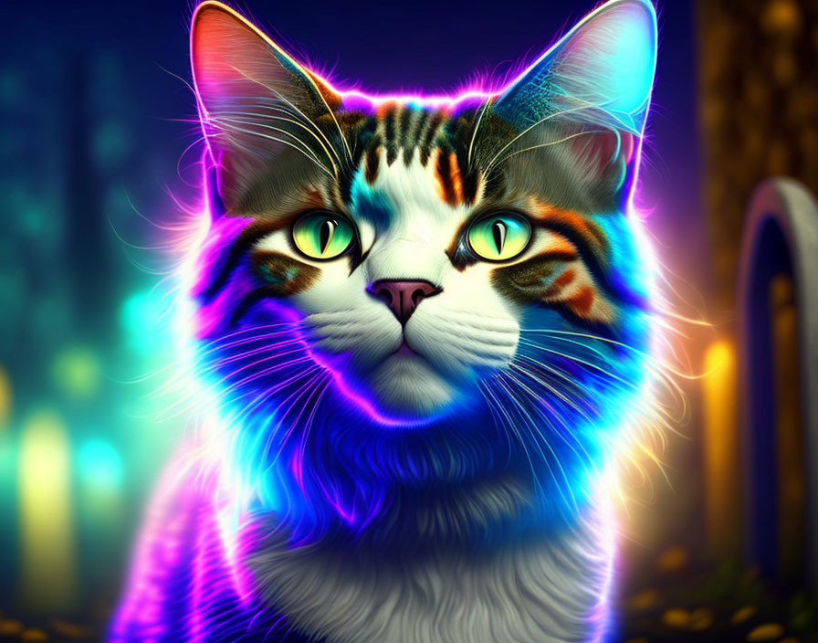 Colorful digital artwork: Cat with neon glows in nighttime setting