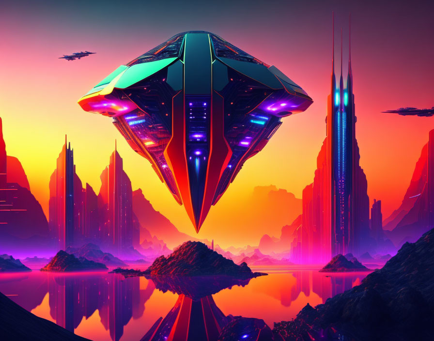 Futuristic spaceship over neon-lit alien landscape