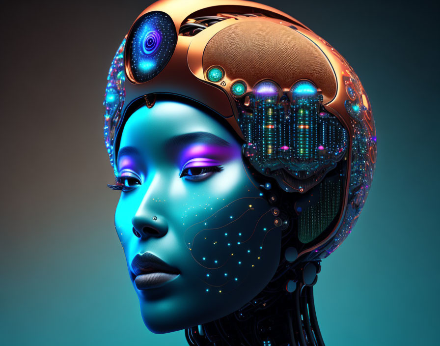 Digital art portrait of woman with cybernetic enhancements and glowing circuitry.