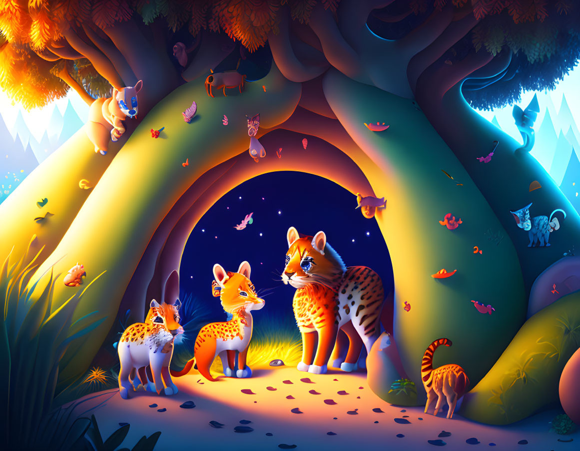 Whimsical forest clearing with three foxes and colorful animals